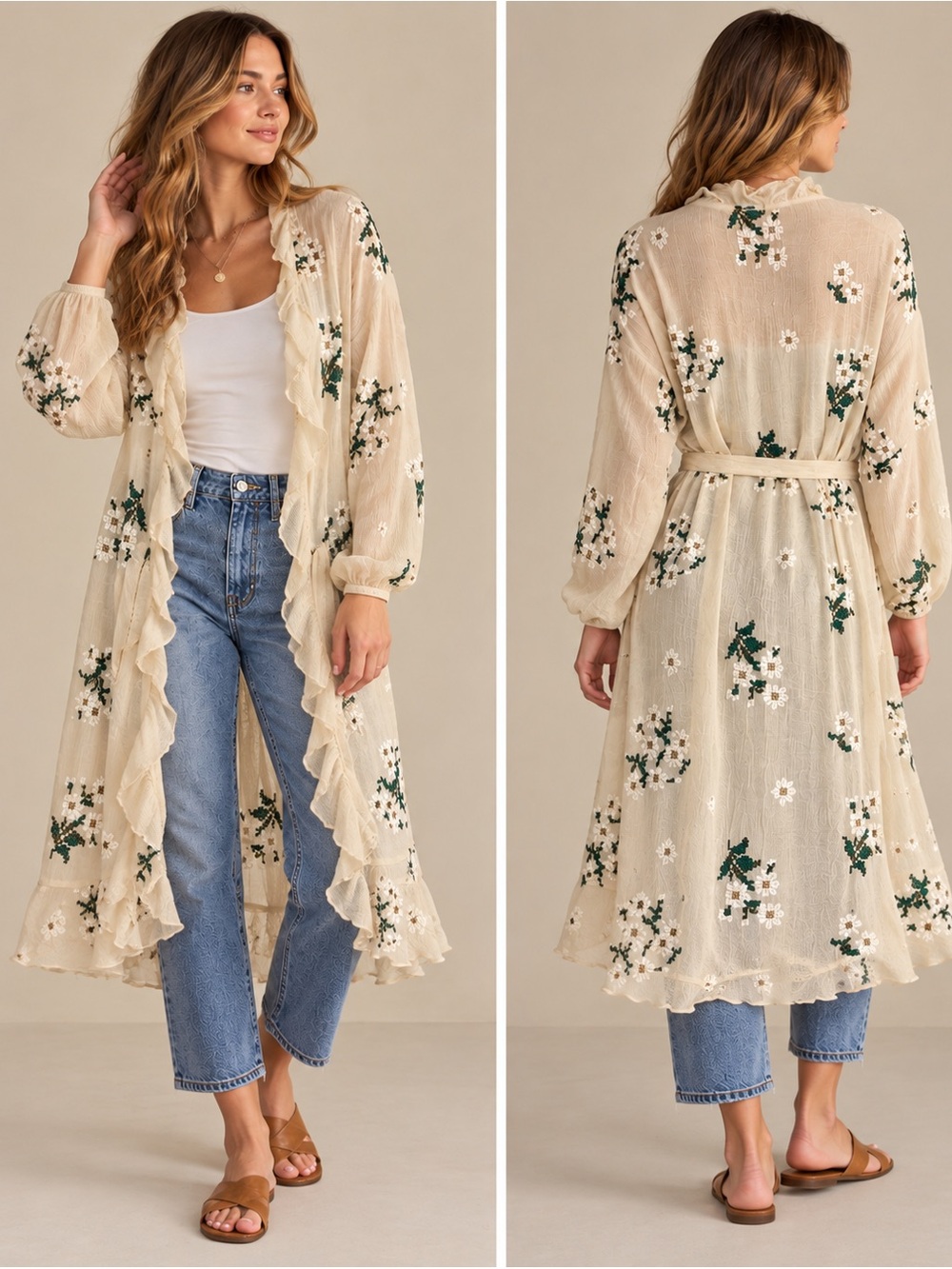 Anthropologie Floral Ruffle-Hem Duster Embroidered Cream Green Boho One Size